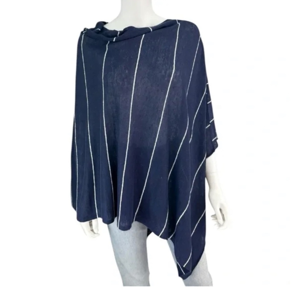 Eileen fisher navy blue/white striped linen poncho - OS